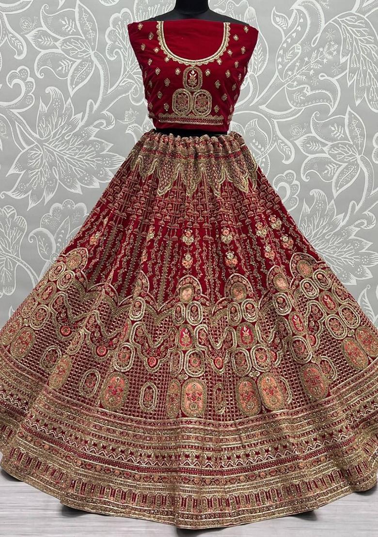 Pink Embroidered Velvet Lehenga Set