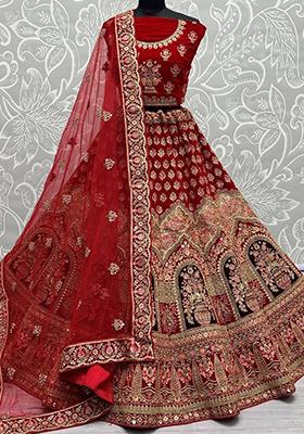 Red Embroidered Velvet Lehenga Set
