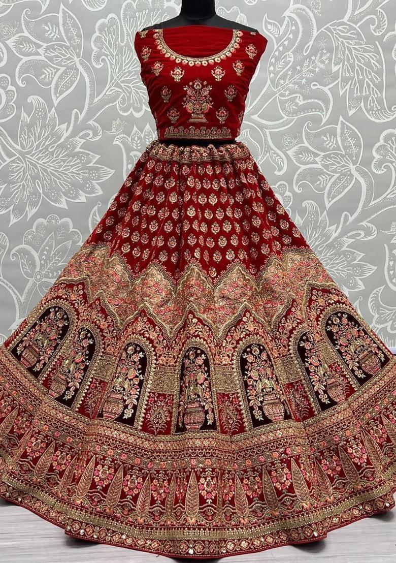 Red Embroidered Velvet Lehenga Set