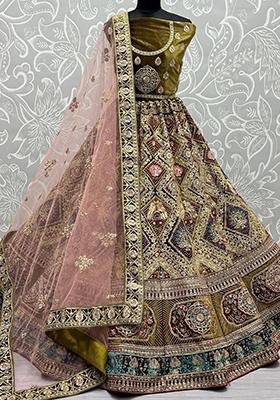 Green Embroidered Velvet Lehenga Set