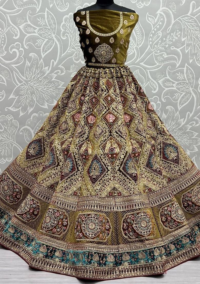 Green Embroidered Velvet Lehenga Set