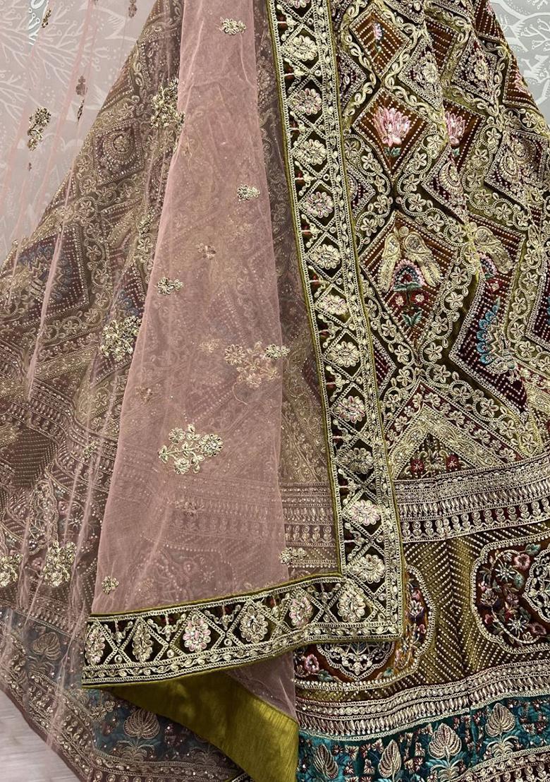 Green Embroidered Velvet Lehenga Set