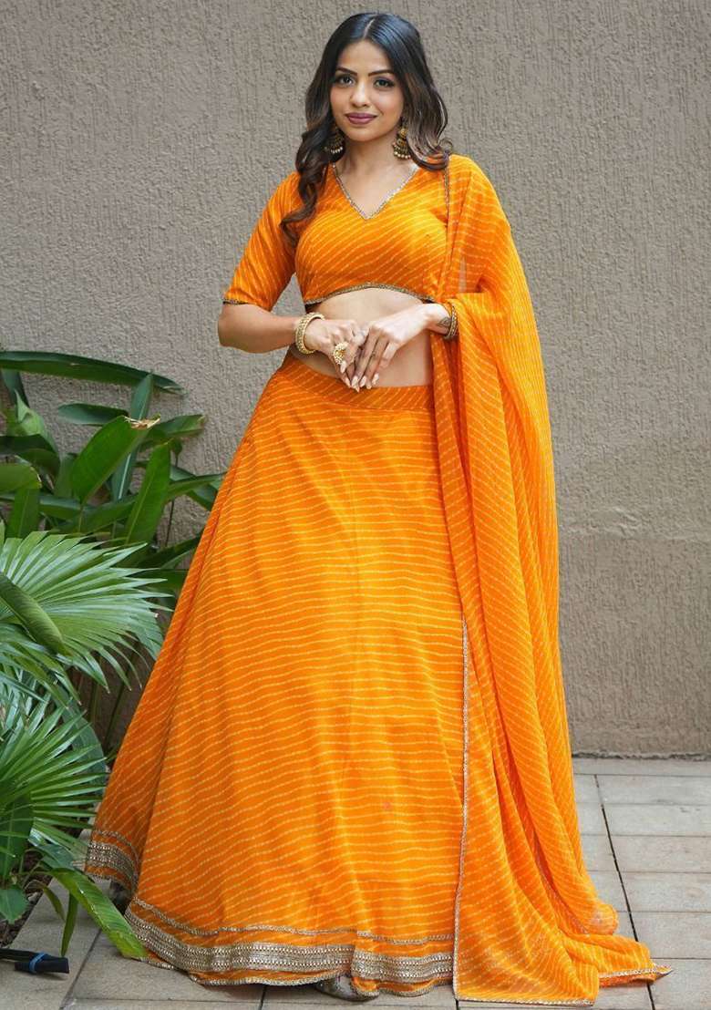 Orange Leheriya Print Georgette Lehenga Set for Diwali and Festive Wear - Indya