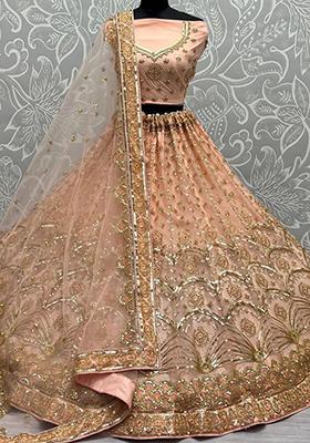 Peach Sequin Embroidered Net Lehenga Set