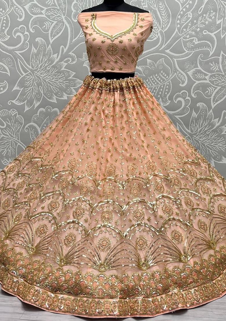 Peach Sequin Embroidered Net Lehenga Set