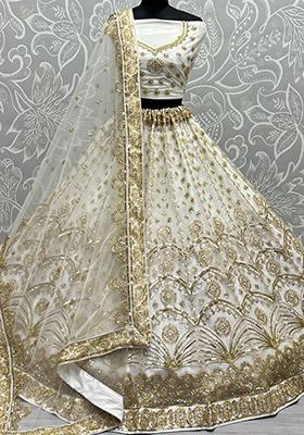 Cream Embroidered Net Lehenga Set