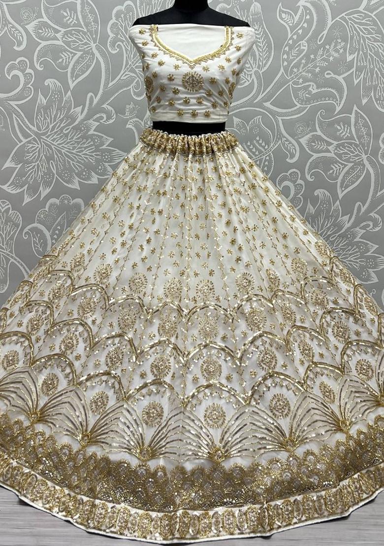 Cream Embroidered Net Lehenga Set