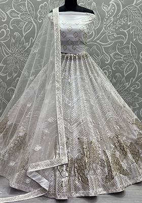 White Sequin Embroidered Poly Blend Lehenga Set