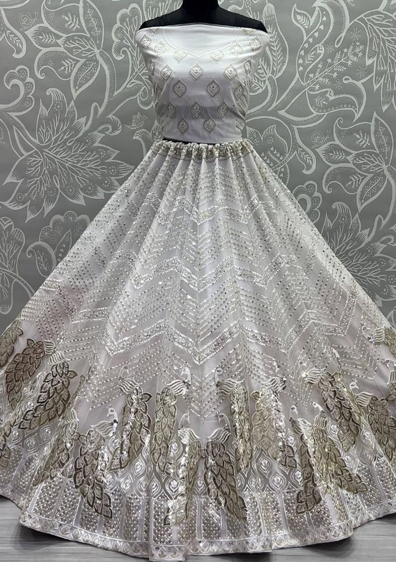 White Sequin Embroidered Poly Blend Lehenga Set