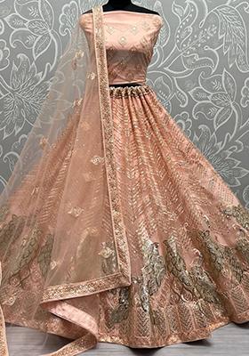 Peach Sequin Embroidered Poly Blend Lehenga Set