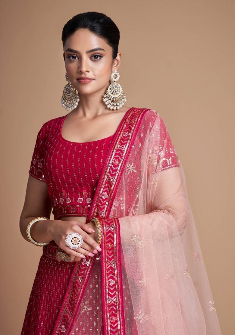 Pink Sequin Embroidered Georgette Lehenga Set