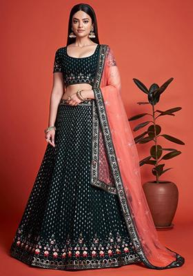 Green Sequin Embroidered Georgette Lehenga Set