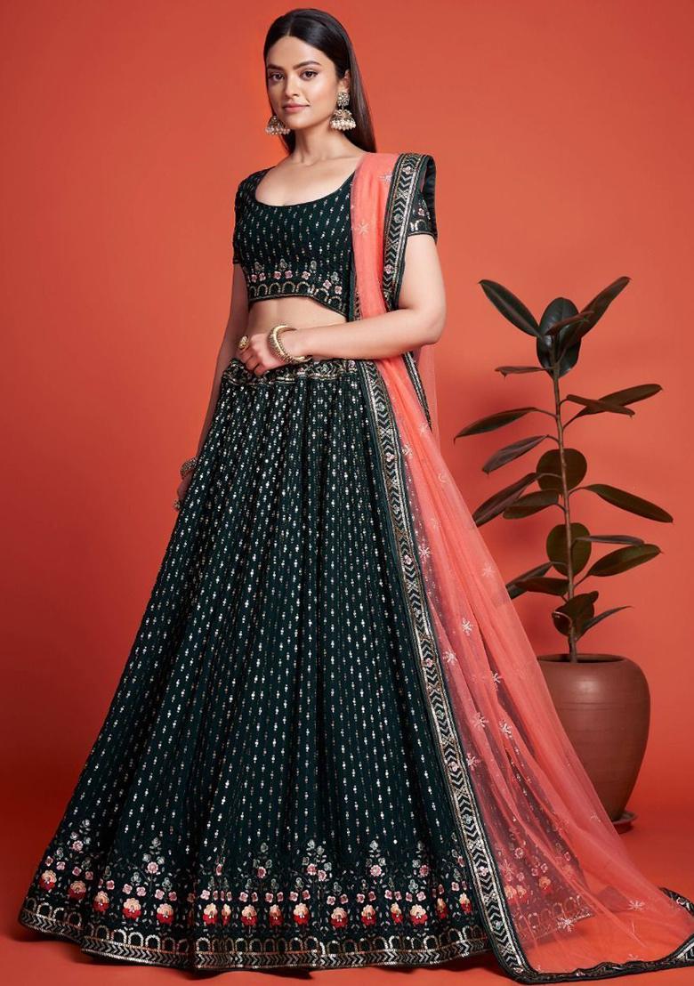 Green Sequin Embroidered Georgette Lehenga Set