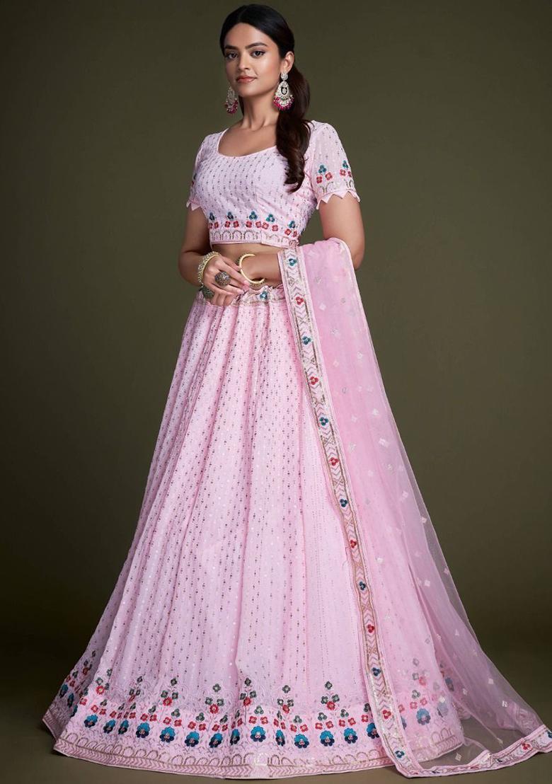 Pink Sequin Embroidered Georgette Lehenga Set