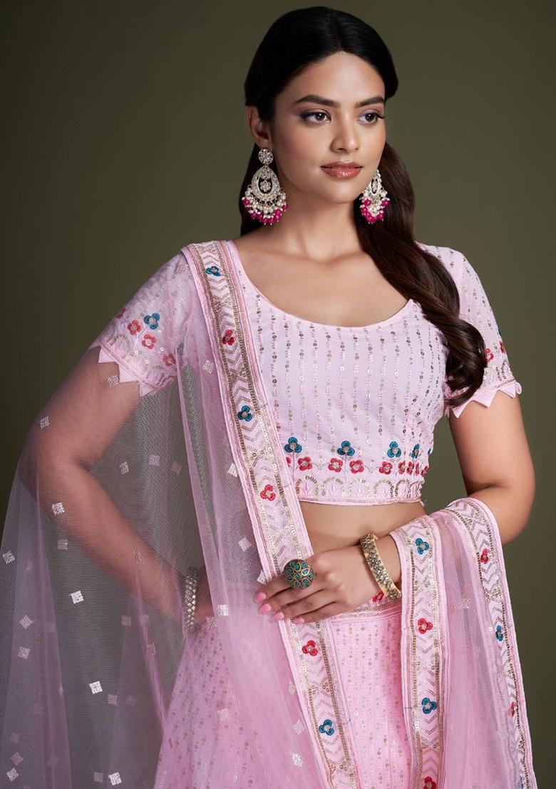 Pink Sequin Embroidered Georgette Lehenga Set