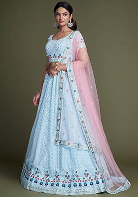 Sky Blue Embroidered Georgette Lehenga Set