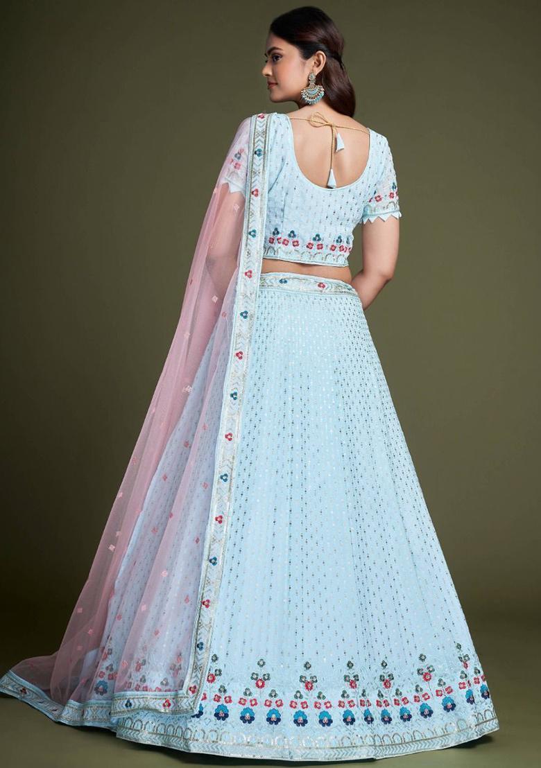 Sky Blue Embroidered Georgette Lehenga Set