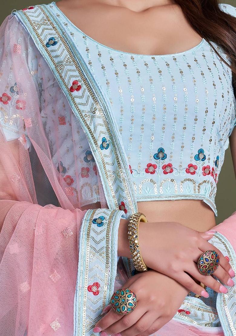 Sky Blue Embroidered Georgette Lehenga Set