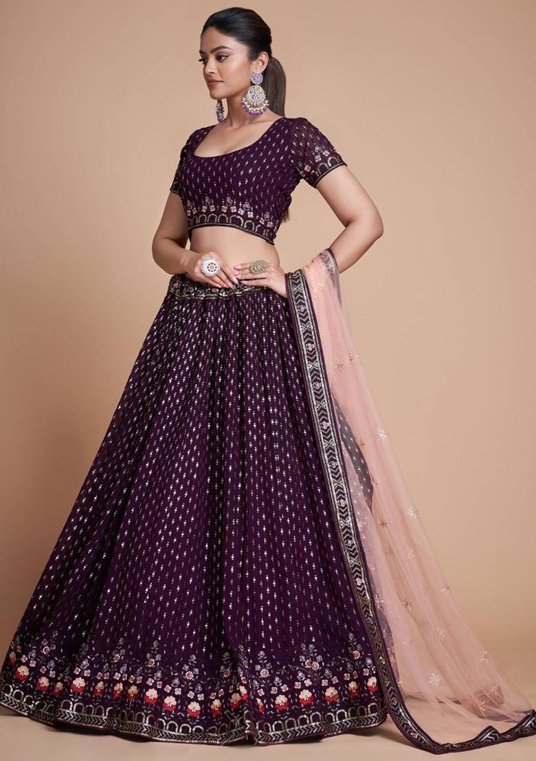 Wine Embroidered Georgette Lehenga Set