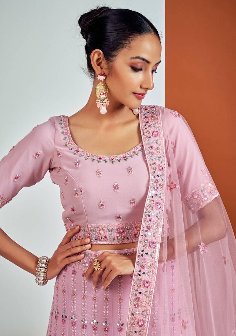 Pink Sequin Embroidered Georgette Lehenga Set