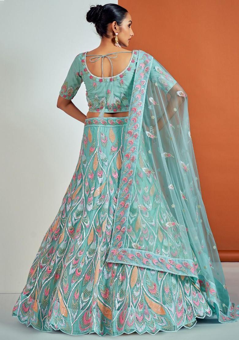 Sky Blue Embroidered Net Lehenga Set