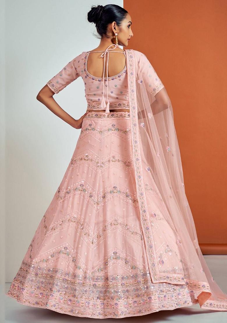 Peach Sequin Embroidered Georgette Lehenga Set