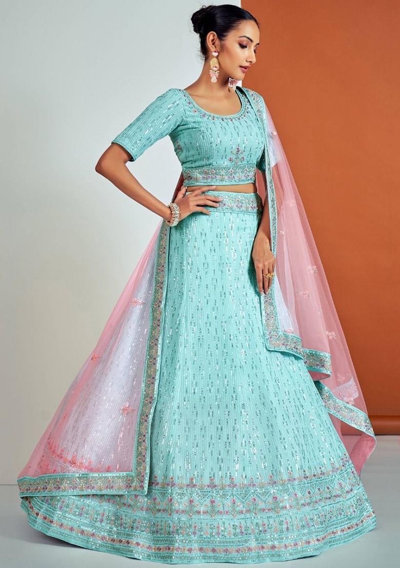 Sky Blue Sequin Embroidered Georgette Lehenga Set