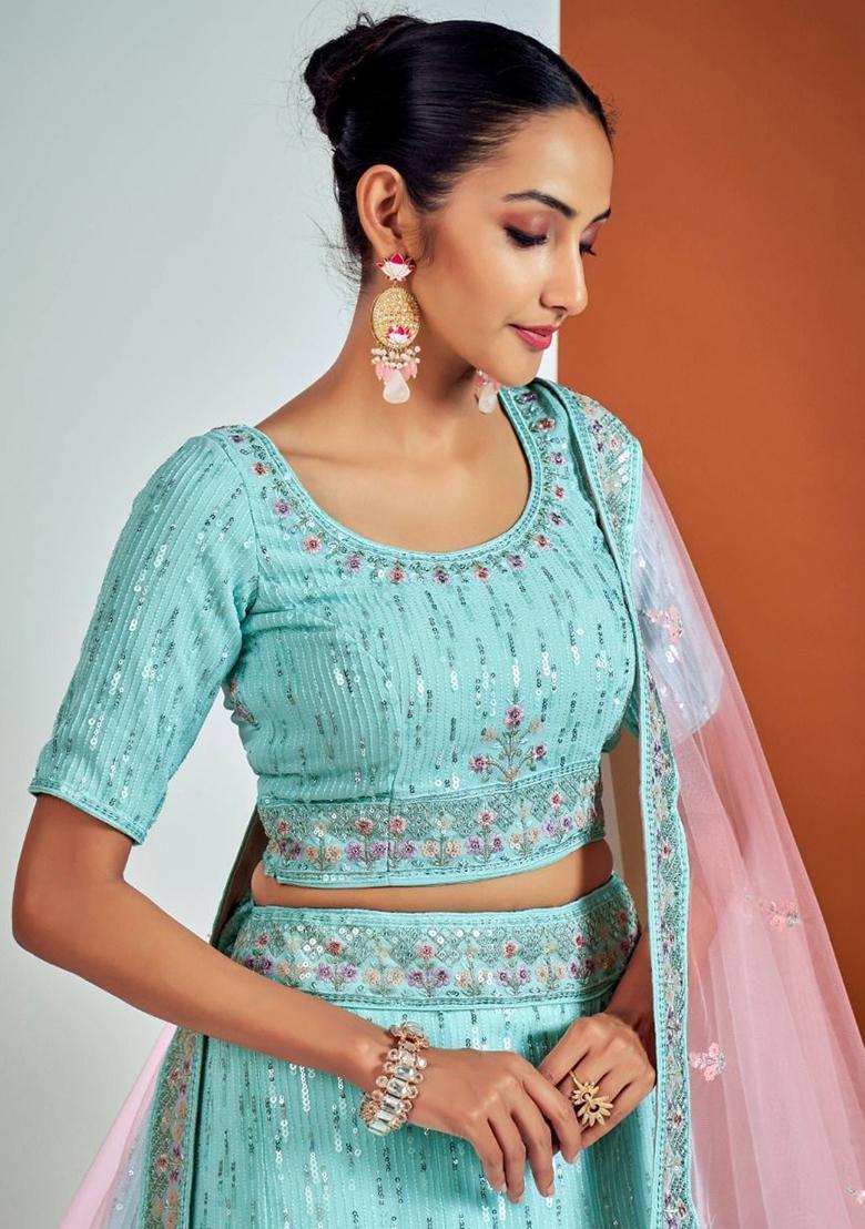 Sky Blue Sequin Embroidered Georgette Lehenga Set