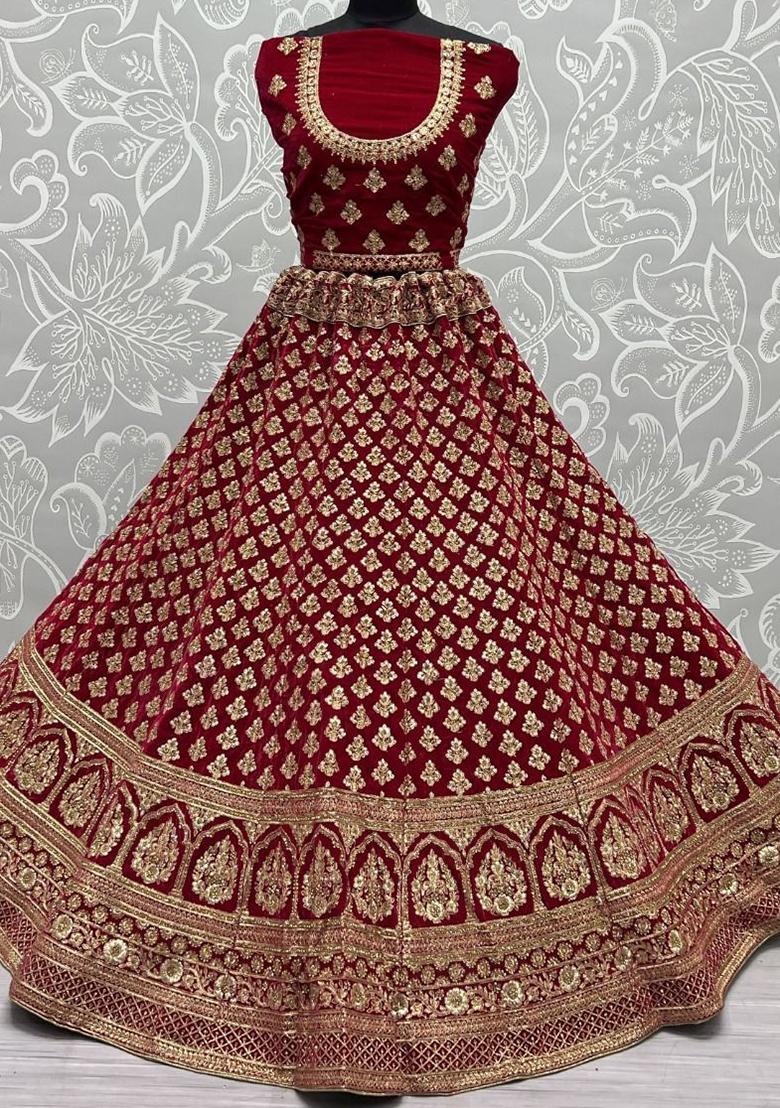 Red Embroidered Velvet Lehenga Set