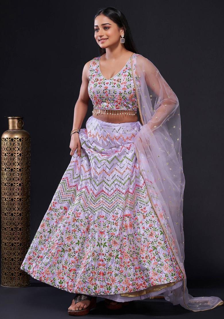 Purple Embroidered Silk Lehenga Set