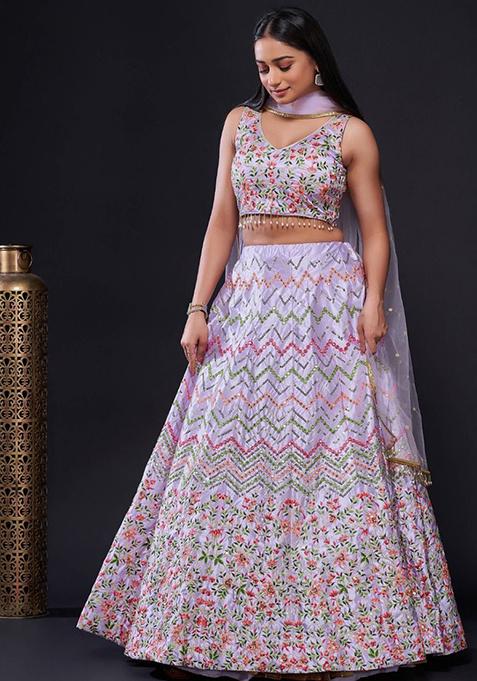 Purple Embroidered Silk Lehenga Set — view on Indya