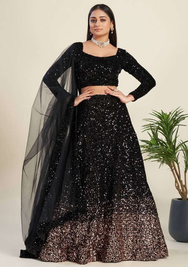 Black Velvet Lehenga Set with Embroidered & Sequin for Diwali | Wedding & Festive Wear - Indya