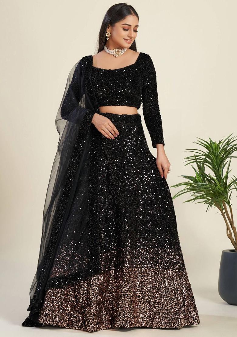 Black Sequin Embroidered Velvet Lehenga Set