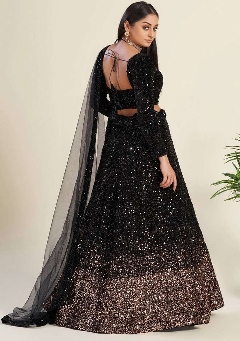 Black Velvet Lehenga Set with Embroidered & Sequin for Diwali | Wedding & Festive Wear - Indya