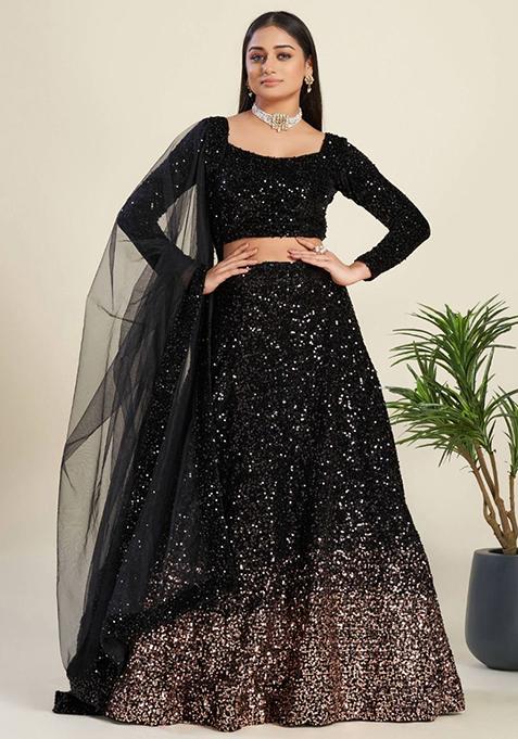 Black Sequin Embroidered Velvet Lehenga Set — view on Indya