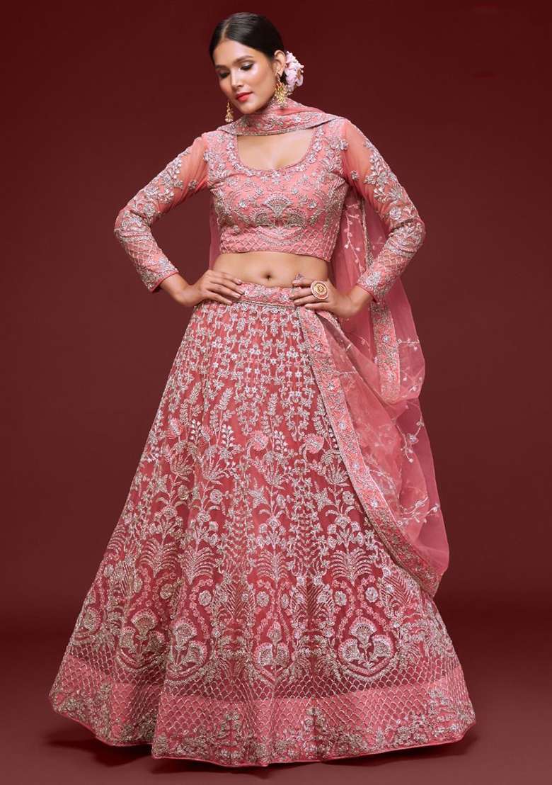 Pink Net Lehenga Set with Embroidered for Diwali | Wedding & Festive Wear - Indya