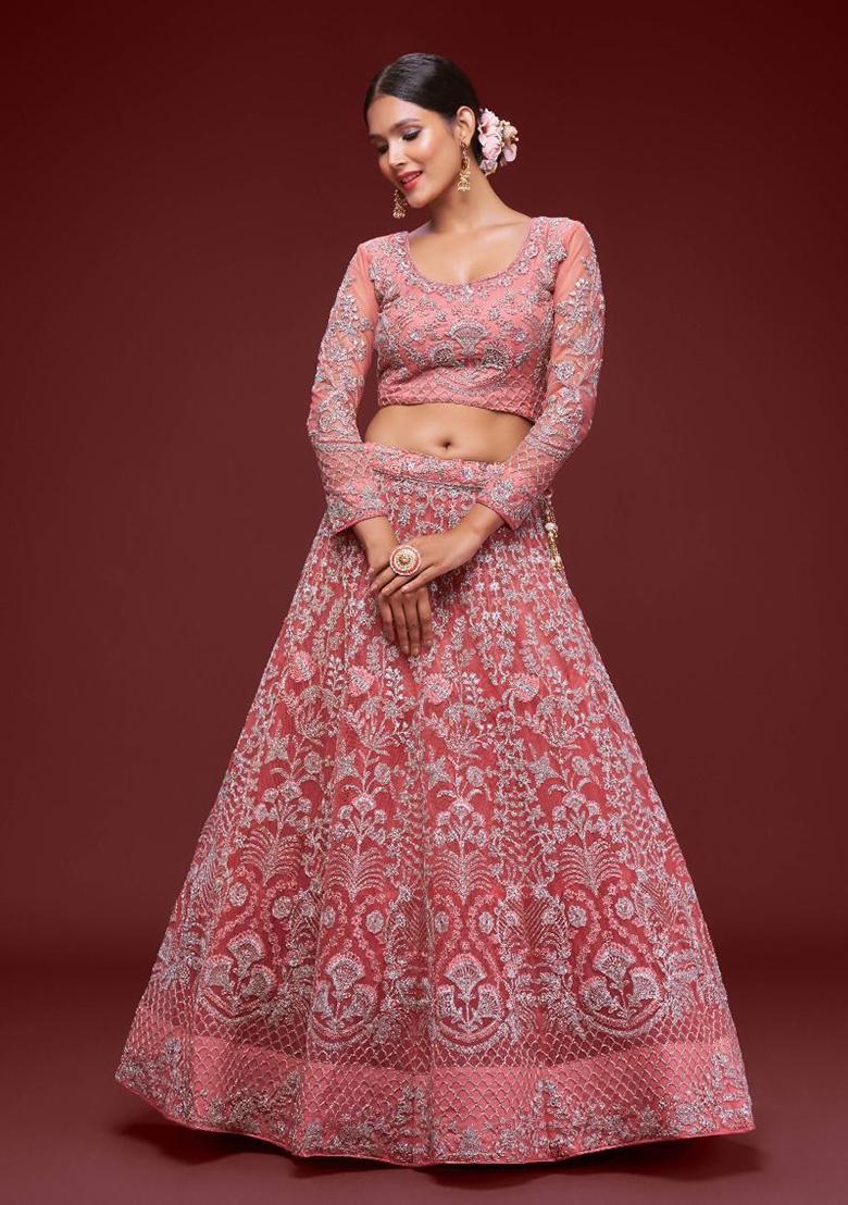 Pink Embroidered Net Lehenga Set