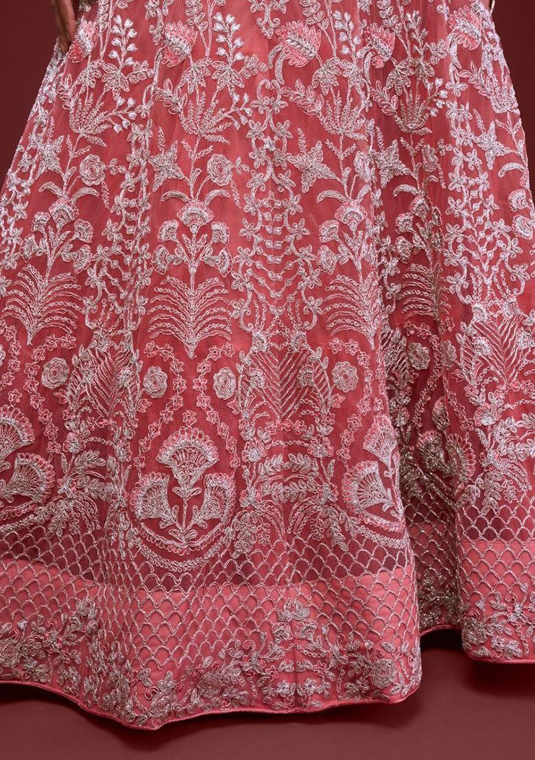 Pink Embroidered Net Lehenga Set