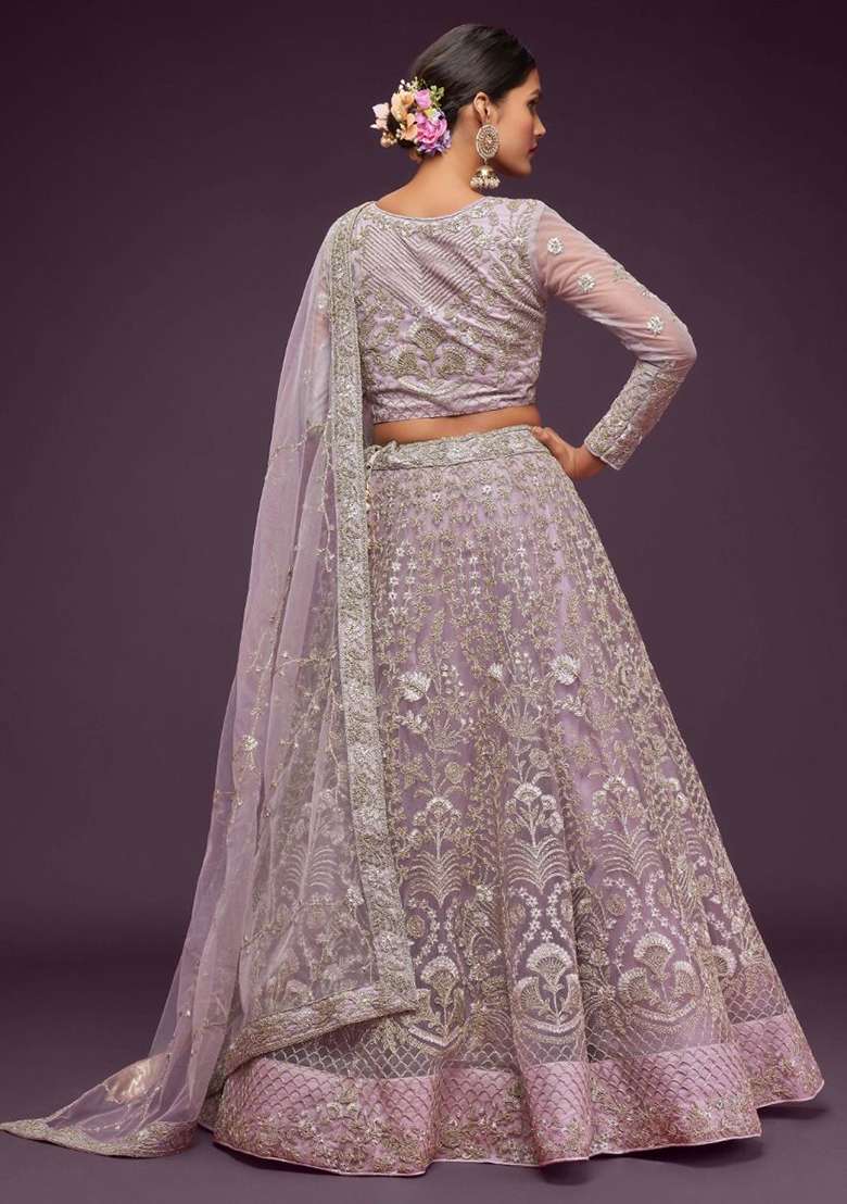 Purple Embroidered Net Lehenga Set for Diwali and Festive Wear - Indya