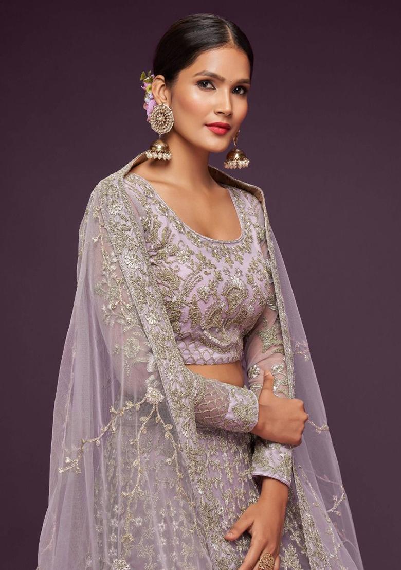 Purple Embroidered Net Lehenga Set