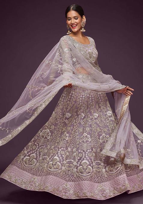 Purple Embroidered Net Lehenga Set