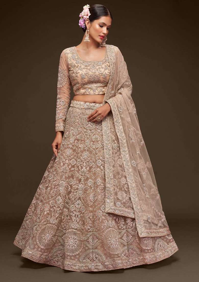 Beige Net Lehenga Set with Embroidered for Diwali | Wedding & Festive Wear - Indya