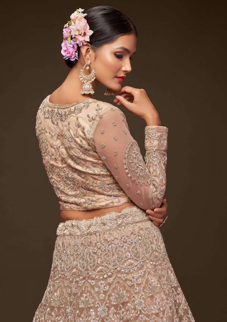 Beige Net Lehenga Set with Embroidered for Diwali | Wedding & Festive Wear - Indya