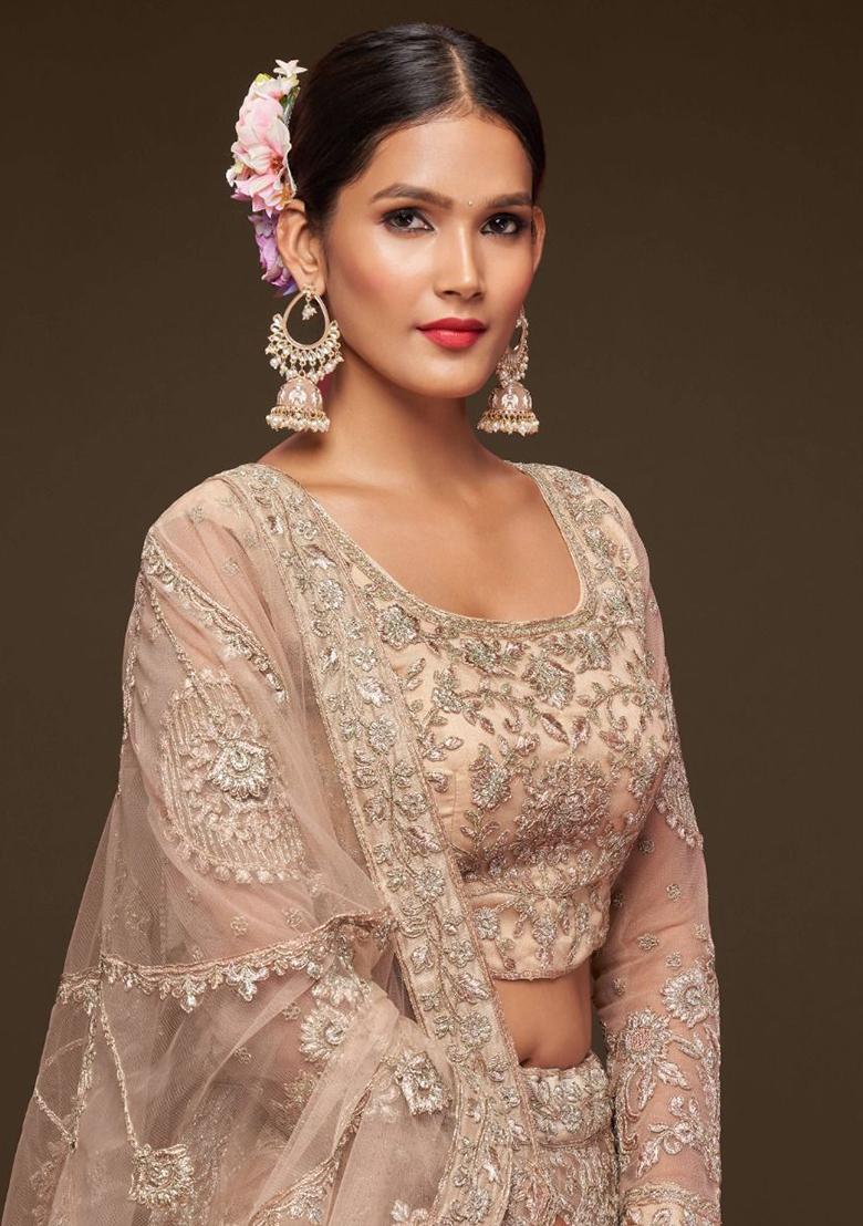 Beige Embroidered Net Lehenga Set