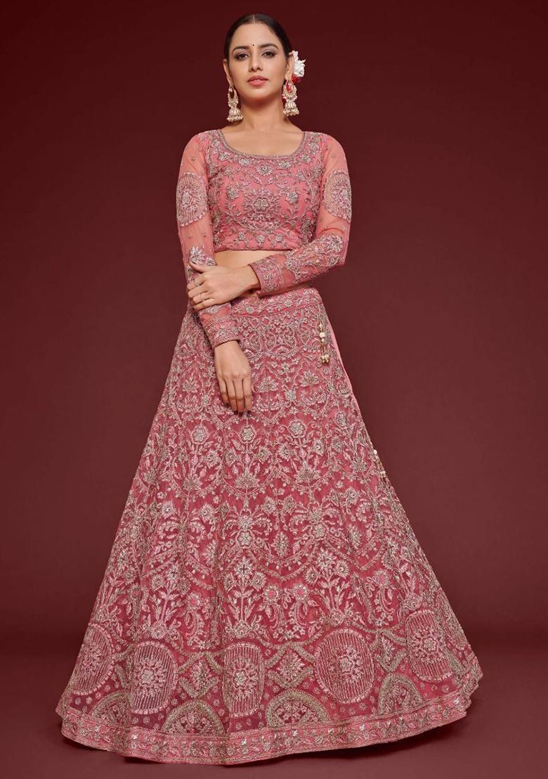 Pink Embroidered Net Lehenga Set