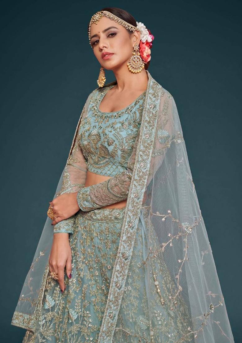 Sky Blue Embroidered Net Lehenga Set