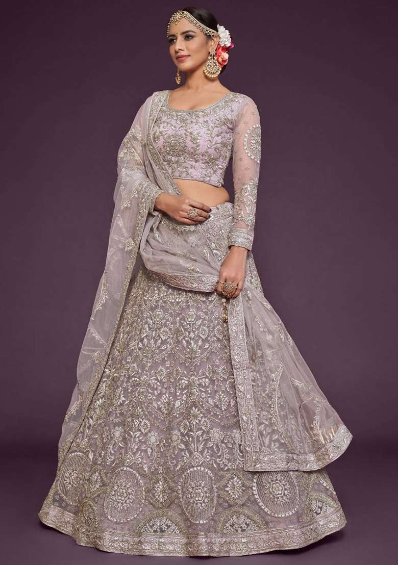 Purple Embroidered Net Lehenga Set for Diwali and Festive Wear - Indya