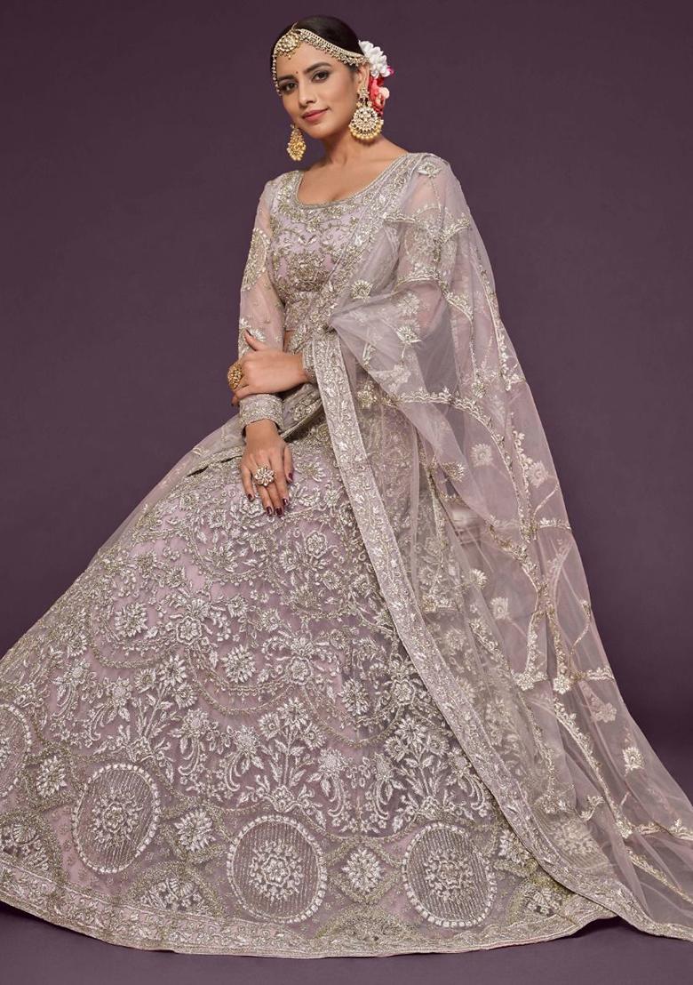 Purple Embroidered Net Lehenga Set