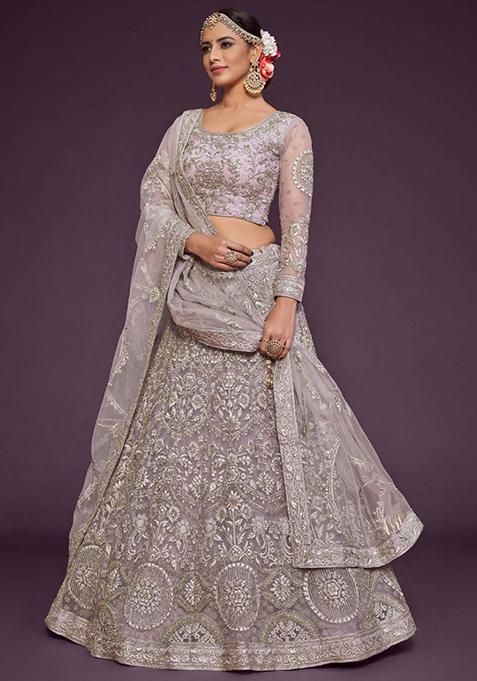 Purple Embroidered Net Lehenga Set