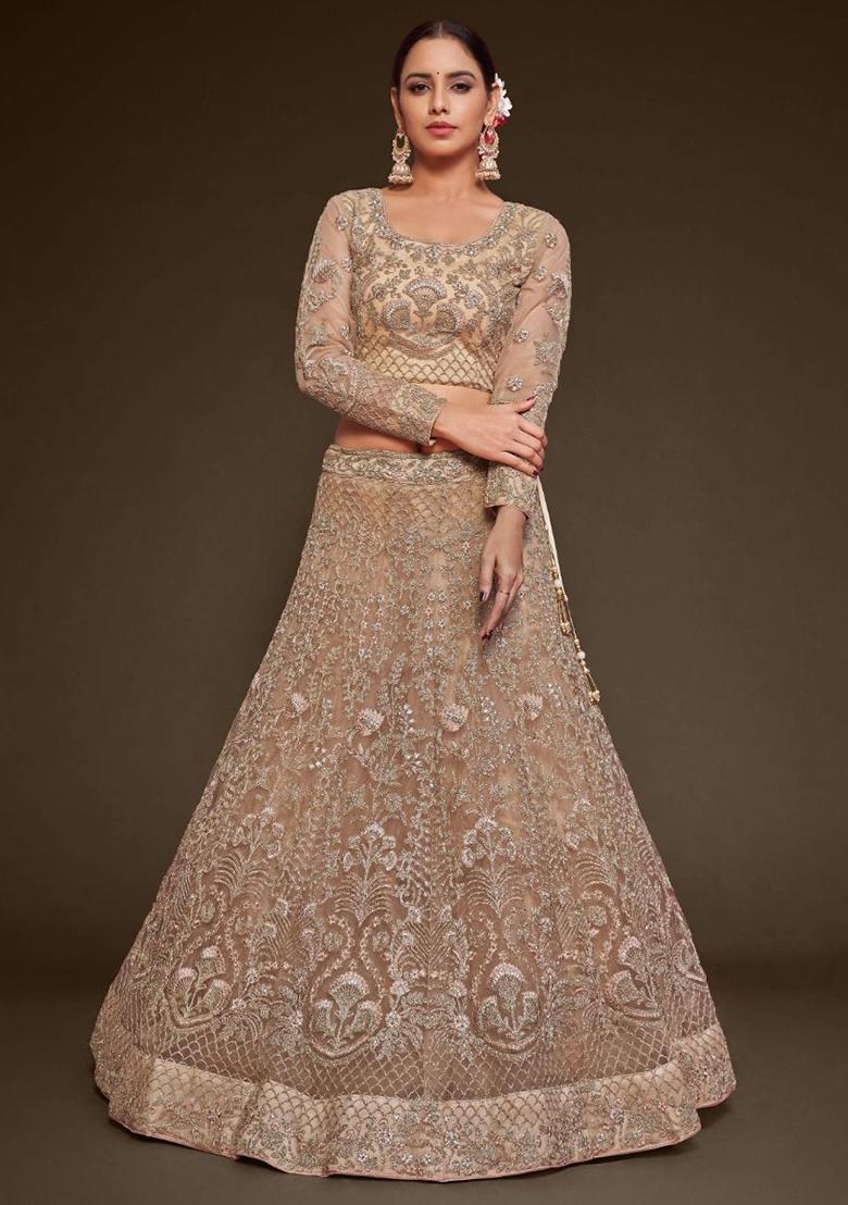 Beige Embroidered Net Lehenga Set